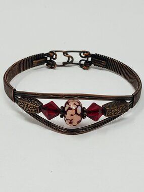 Artisan Copper Wire Wrapped Lampwork Glass Bead Red Crystal Boho Bracelet